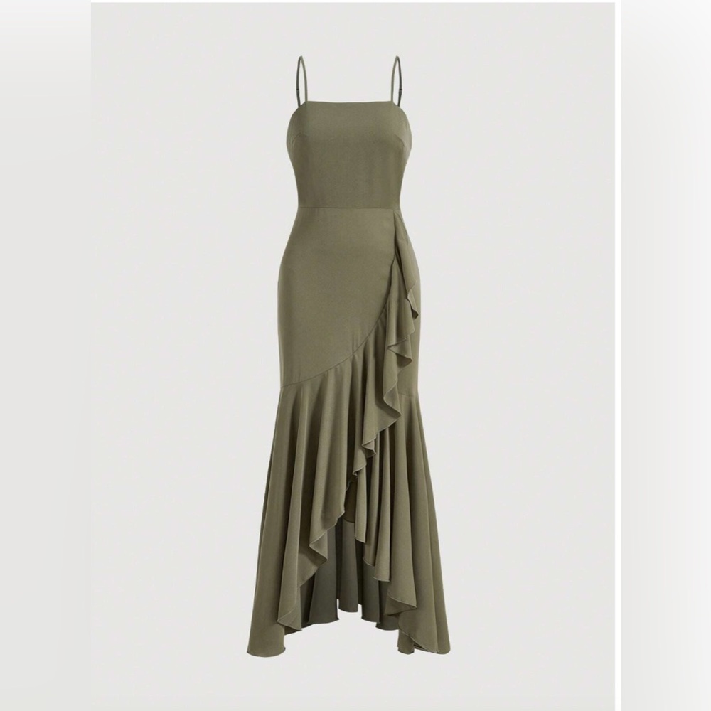 Asymmetrical Hem Ruffle Trim Spaghetti Strap Dress Green - Picture 8 of 14